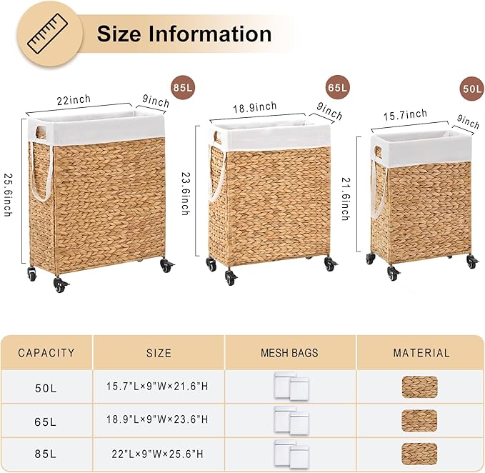 Rolling Laundry Hamper with Wheels, Slim Laundry Basket with Removable Liner Bag & 2 Mesh Bags, Handwoven Water Hyacinth Clothes Hamper for Bedroom Bathroom (Natural, 50L)