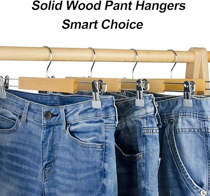 ELONG HOME Wooden Pants Hangers 12Packs, Skirt Hangers with Adjustable Clips, Non Slip Wood Clothes Hangers with Clips, Space Saving Hangers for Pants Skirts Trousers Slacks Jeans