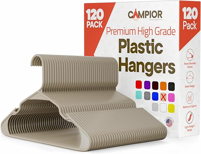 Plastic Clothes Hangers – Heavy Duty Hanger Set, for Organizing Clothes, Dresses, and Coat, Holds Up to 5 lbs, Space-Saving Hangers with Non-Slip Shoulder Grooves, Pack of 120, Ivory