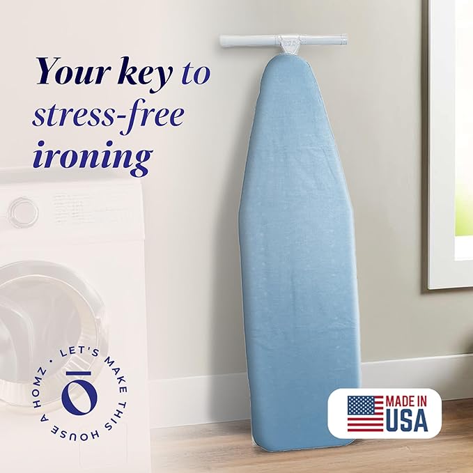 HOMZ Ironing Board, Folding Compact Table with Foam Pad and Cotton Cover, Light Blue - Portable Iron Machine Stand for Pressing Clothes - Ideal for Home, Dorm, and Laundry Room