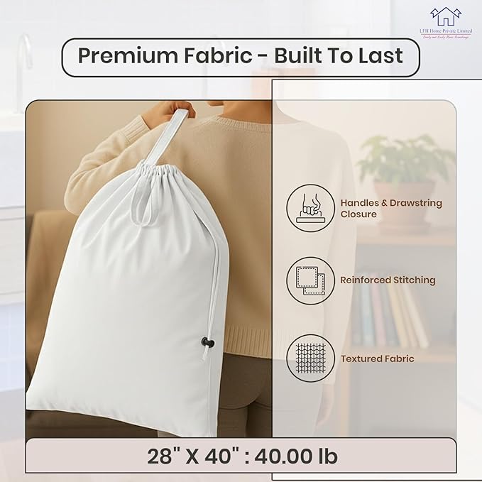 LFH Home Cotton Canvas Extra Large Laundry Bag with Handle, Heavy Duty Drawstring Closure Washable Laundry Bags School Travel, Home, Hotel, College Dorm, Organizer Sack, Toys 28x40-White