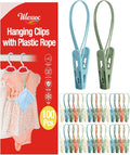 100 Pack Multi Purpose Laundry Hanging Clips with Rope, Heavy Duty Hanger Hooks for Baby Clothes, Pants, Socks, Hats (Light Blue, Light Gray, Light Pink, Green, Light Yellow)