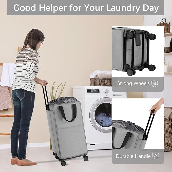 Bukere Rolling Laundry Hamper with Wheels, Large 90L Freestanding Collapsible Laundry Basket Bag for Clothes Storage, Heavy Duty Removable Wheeled Cart for College Dorm Apartment Laundry Room Bathroom