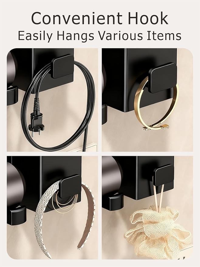 Hair Dryer Holder with Tool Organizer, Blow Dryer Holder Compatible with Dyson, Shark, Hair Dryer Hanger Wall Mounted by 3M Tapes Adhesive Or Screw for Bathroom, Vanity, Bedroom - Mg-Al Alloy, Black