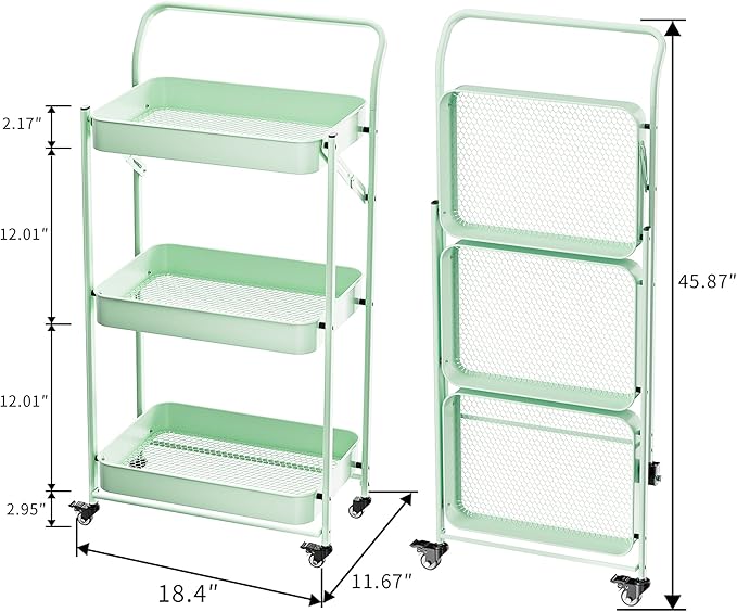 JAQ Foldable Rolling Cart, 3-Tier Metal Folding Storage Utility Carts Basket Rack Organizer with Handle on Wheels for Snacks Books Fruits for Kitchen Living Room Pantry Bathroom - (Green, 3-Layer)