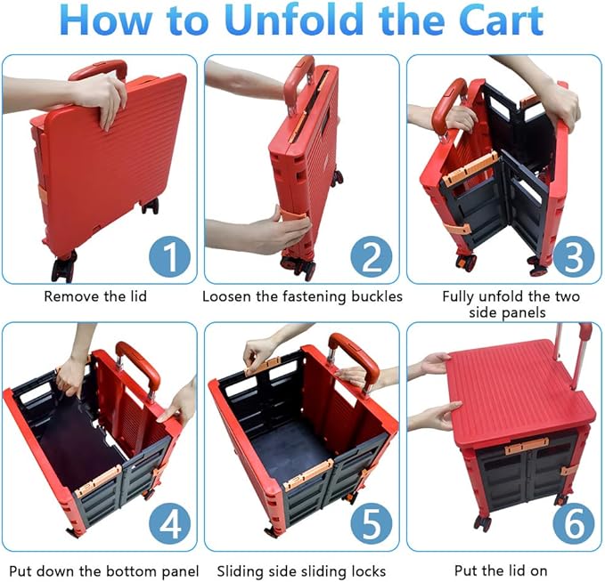 FELICON SELORSS Foldable Utility Cart Folding Portable Rolling Crate Handcart with Durable Heavy Duty Plastic Telescoping Handle Collapsible 4 Rotate Wheels for Travel Shop Move Luggage Office (Red)