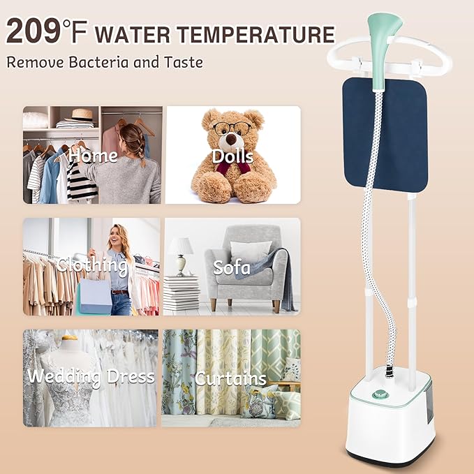 ADVWIN Steamer for Clothes, 2000W Powerful Standing Garment Steamer, 10 Steam Levels, 2.7L Water Tank for 90 Mins Continuous Steaming, Home & Commercial Use, Hanger, Gloves, Fabric Brush (Green)