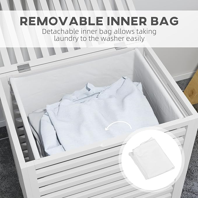 HOMCOM Bamboo Laundry Hamper with Lid, Laundry Basket with Removable Liner Bag, Dirty Clothes Hamper, 19.75 x 14.25 x 23.5 Inches, White