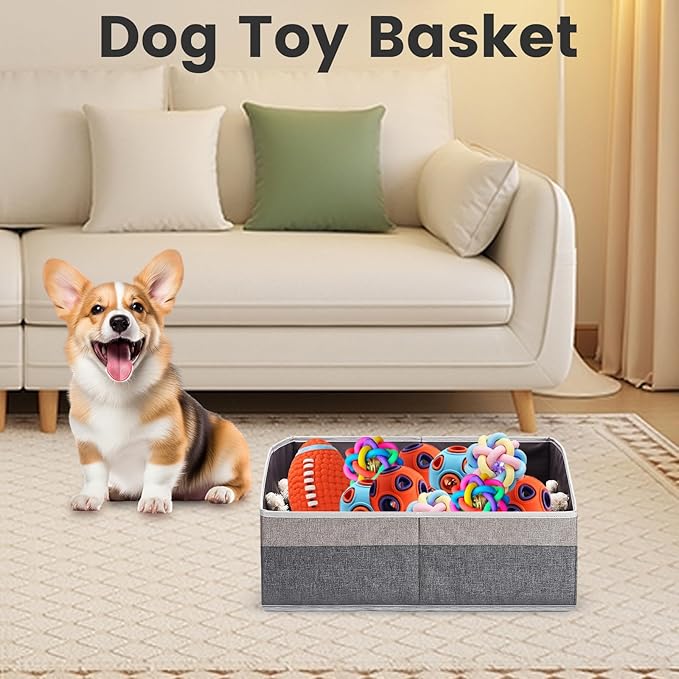 Large Dog Toy Basket With Handle, Foldable Dog Toy Box for Living Room Area, 20" Basket for Dog's Toys, Clothes, Organizers and Storage with Hard Board, Anti-slip for Pet Toys (Gray, Medium)