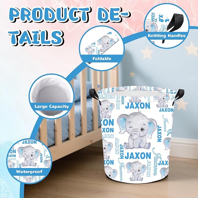 Personalized Laundry Hamper Custom Kids Dirty Clothes Hamper with Name Storage Basket for Bathroom Bedrooms Nursery for Baby Girls Boys Adults (Style-Blue Elephant)