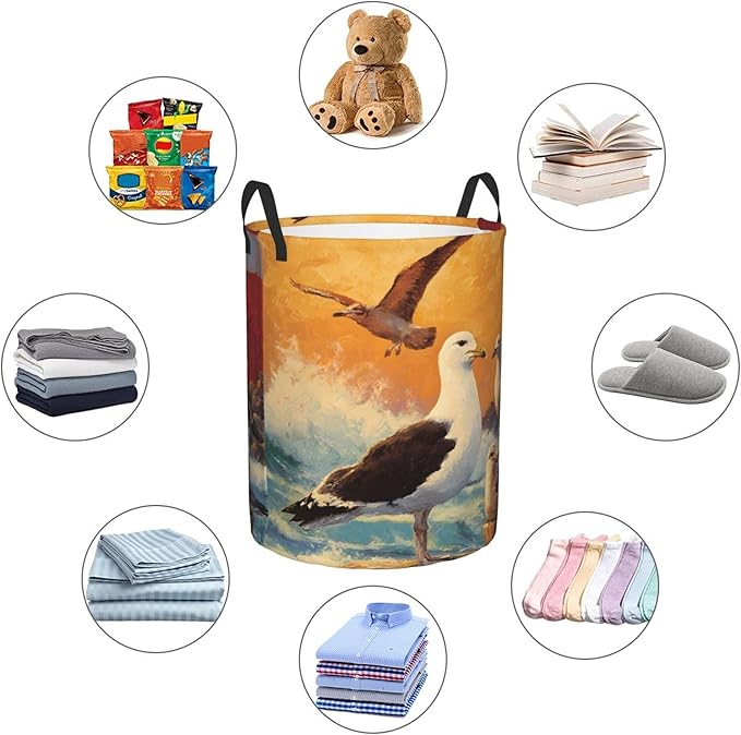 Seagull Ocean Laundry Hamper, Collapsible Storage Basket with Handles for Clothes, Bedroom, Bathroom 19.6 x15.7 Inch