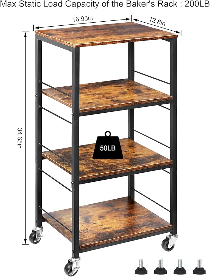 CADUKE Rolling Kitchen Cart Industrial Serving Cart 4 Tier Wood Utility Island on Wheels Rolling Bar Cart with Storage Farmhouse Microwave Table Serving Trolley Stand for Bathroom Living Room, Brown