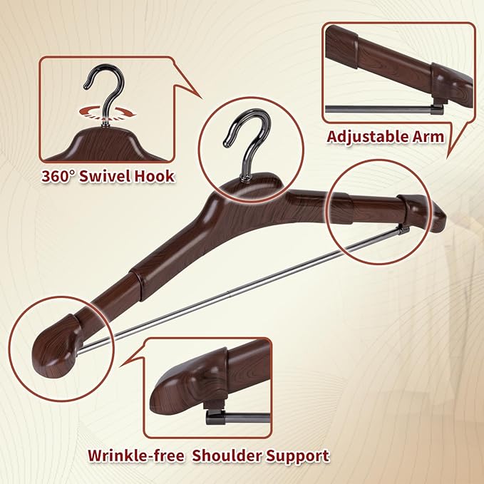 2-Pack Wood-Colored ABS Clothes Hangers with Adjustable Arms for Suits,Jacket,Dress, Shirt, Great Closet Organization&Storage