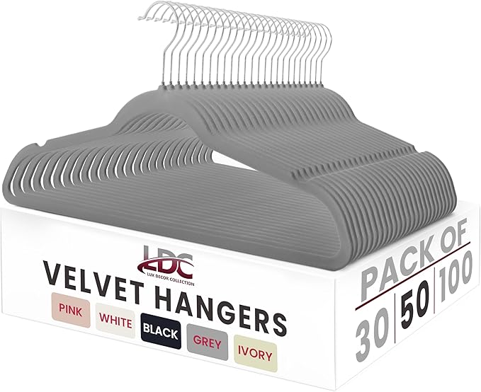 LDC Grey Velvet Hangers 50 Pack - Premium Non-Slip Clothes Coat Pants Felt Hanger for Closet - Heavy Duty Space Saving 360° Swivel Hook Hangars - Grey