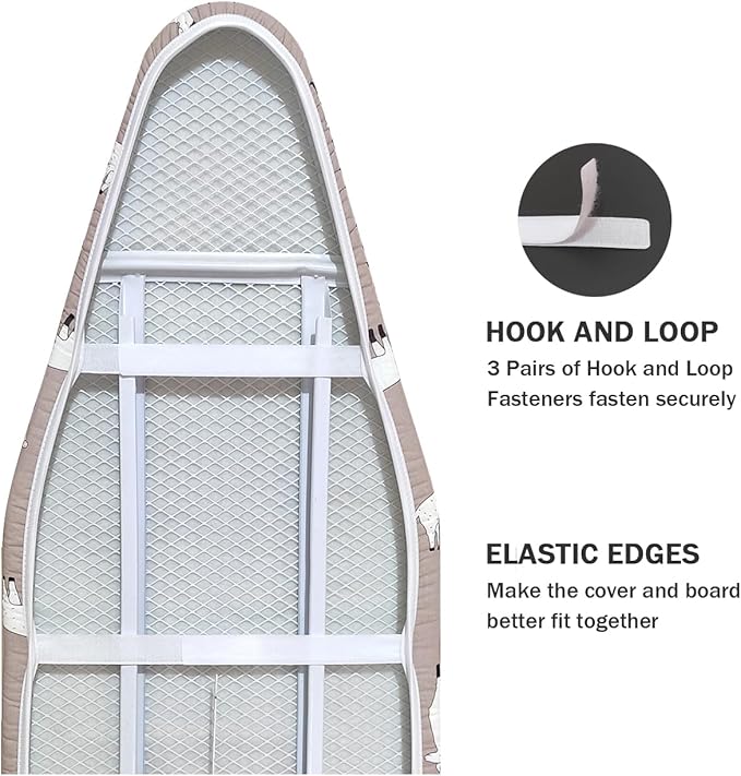 Ironing Board Cover and Pad Standard Size 15" x 54",3 Pairs of Hook and Loop Fastener Straps,Elastic Edges,Cotton Iron Board Cover with Scorch Resistant Thick Padding(Alpaca)