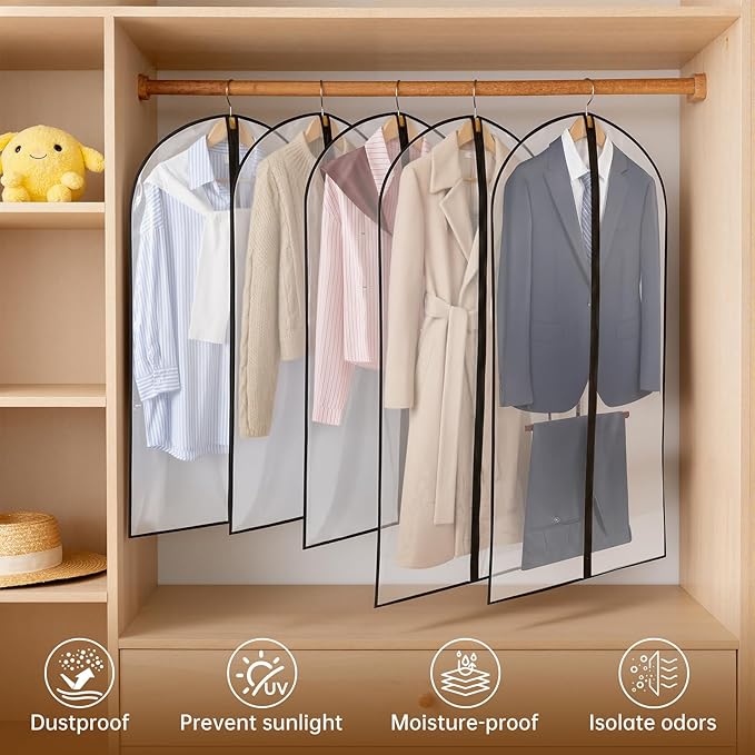 Garment Bags Zippered Hanging Storage Protect Dust Closet Organization Hanging Clothes Bags for Suits, Dresses, Coats (24x48 5Pack)