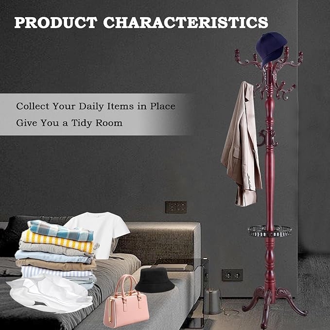 Coat Racks FreeStanding with 14 Hooks, Natural Wood Coat Rack with Solid Round Base, Adjustable Height Coat Racks, Easy Assembly for Hallway, Bedroom and Office (Reddish brown-Tray)