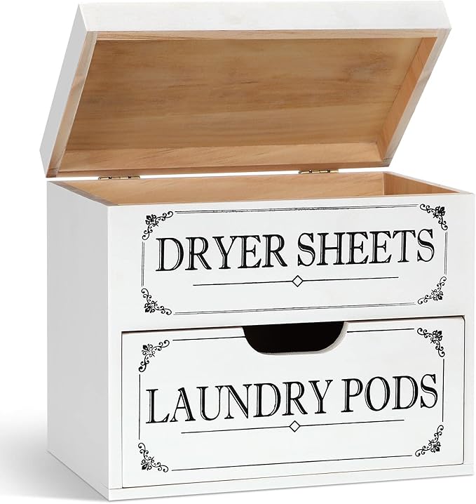 Tatuo Dryer Sheet Holder with Hinged Lid Farmhouse Dryer Sheet Dispenser Rustic Container Box Laundry Room Decor for Laundry Room Organization Fabric Pods, White