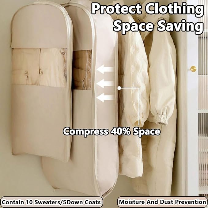 Space Saving Hanging Garment Bag with Self Compression Zipper，Dust Cover Clothes Bags for Down Coat,Dress,Suit，Closet Storage Organizer for Home Travel Use (Beige, L)
