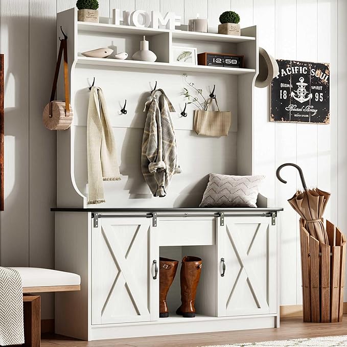 4ever2buy Farmhouse Hall Tree with Bench 5-in-1 Entryway Bench with Coat Rack with Sliding Barn Doors Entryway Coat Rack with Shoe Storage White