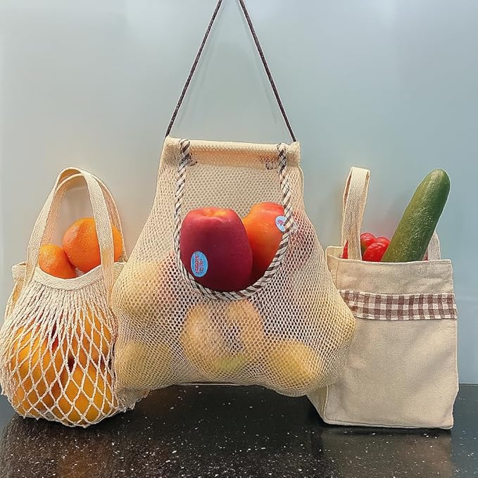 Durable Reusable Hanging Storage Mesh Bags for Fruits, Vegetables, Garlic, Ginger & Potatoes, Kitchen Storage Mesh Bag, Breathable Storage Bags for Pantry, Home Decor & Kitchen Decor (2 white bags)