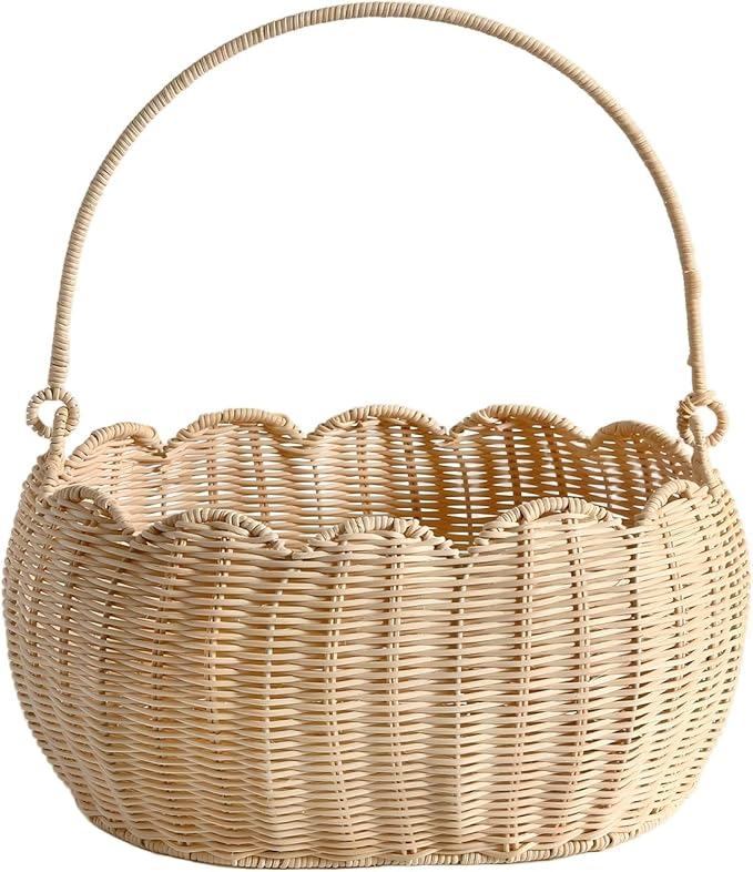 Scalloped Round Basket with Handle, Super Sturdy Wicker Storage Baskets, Hand Woven Basket for Shelves,Natural Baskets for Organizing (White Rattan 12.6"*9"*6.1")