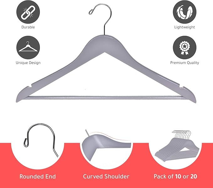 Quality Wooden Hangers - Slightly Curved Hanger Set of 80-Pack - Solid Wood Coat Hangers with Stylish Chrome Hooks - Heavy-Duty Clothes, Jacket, Shirt, Pants, Suit Hangers (Gray, 80)