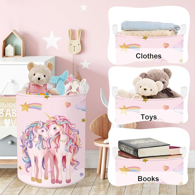 Clastyle Cute Unicorn Laundry Basket Cloud Kids Clothes Book Storage Basket Gift Toy Box for Bedroom Decor,Hearts,36x45 cm