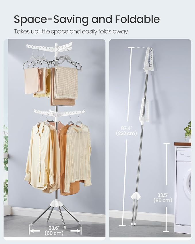 SONGMICS 2-Tier Clothes Drying Rack, 75.2-Inch Folding Laundry Drying Rack with 6 Rotatable Arms for Hangers, Stainless Steel, for 54 Pieces of Clothes, White and Silver ULLR514W01