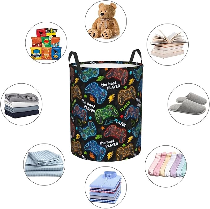 Game Round Laundry Hamper Gaming Gamer Storage Basket Toys Clothes Organizer Bin For Home Bathroom Bedroom Dorm Nursery, 38l