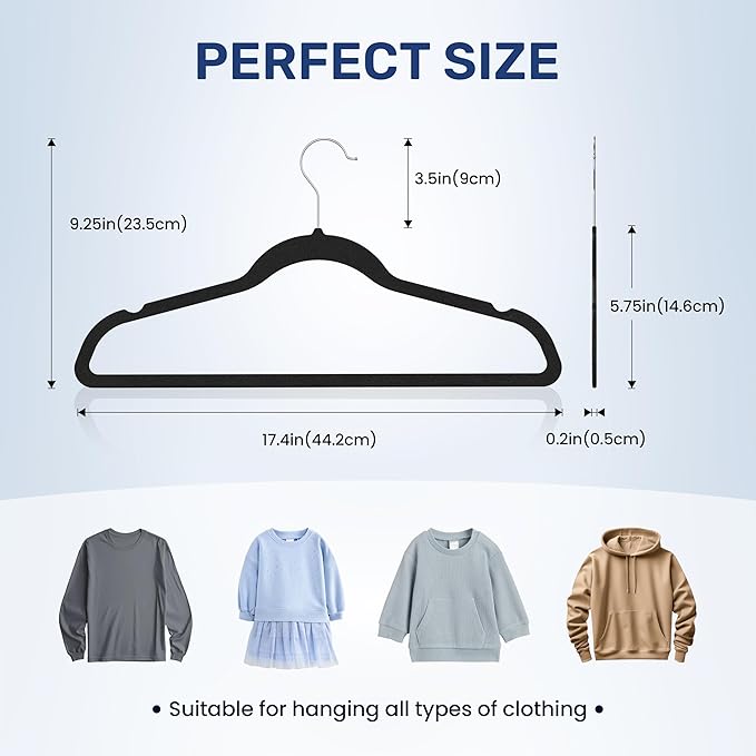 YSSOA 50 Pack Velvet Hangers, Heavy Duty Coat Hangers with 360° Swivel Hooks, Non-Slip Clothes Hangers with Shoulder Notches, for Coat, Pants, Black