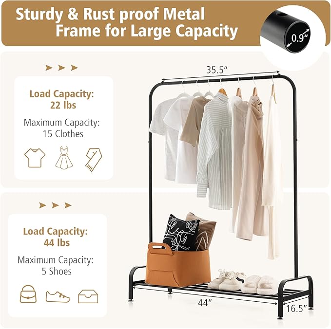 Tangkula Metal Garment Rack, 44” Clothing Rack with Top Rod and Lower Storage Shelf, Adjustable Feet, Anti-slip Clips, Heavy Duty Clothes Hanging Garment Racks for Bedroom, Living Room, Black