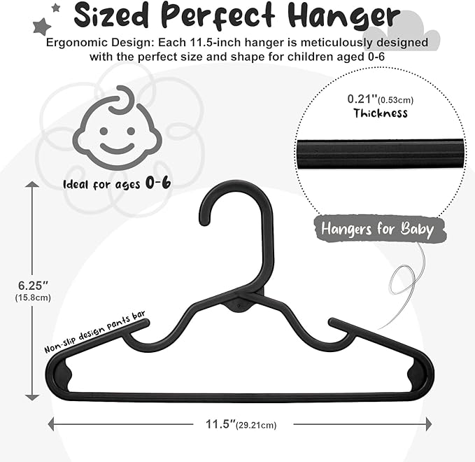 HOUSE DAY Premium Baby Hangers 60 Pack, 11 Inch Kids Plastic Hanger Black, Slim Childrens Hangers for Infant, Toddler, Child Clothes, Durable Baby Clothes Hanger for Closet