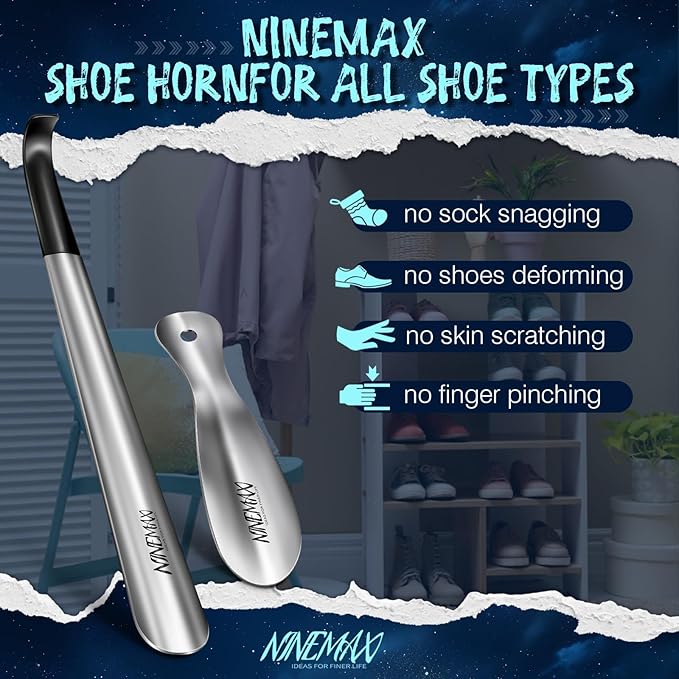 NINEMAX Extra Long Handle Shoe Horn (16.5") & (7.5") Travel Shoe Horns, 2 Pack Metal Shoe Horns for Seniors, Men, Women, Kids
