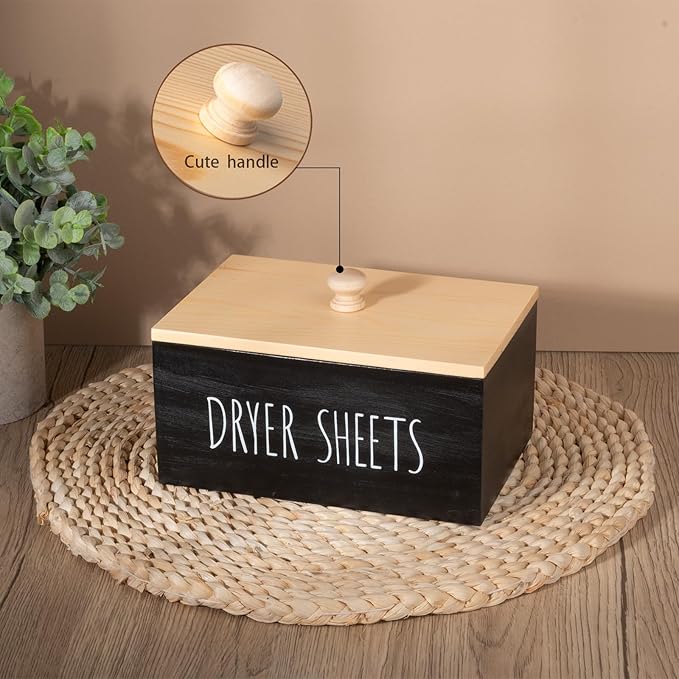 zoocatia Laundry Room Decor Dryer Sheet Container Wood Detergent Dispenser Holder Organization and Storage Box with Lid for Dryer Balls, Laundry Pods, Black