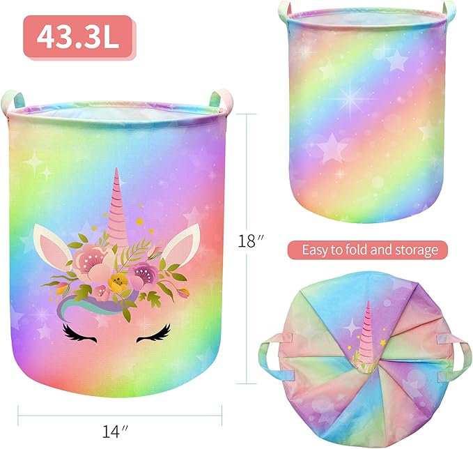 Unicorn Laundry Basket Hamper Large Sized Round Storage Basket Waterproof Bin Collapsible Laundry Basket for Girls Room Organizer, Bedroom Nursery Playroom Clothes (43.3L Cute Unicorn Laundry)