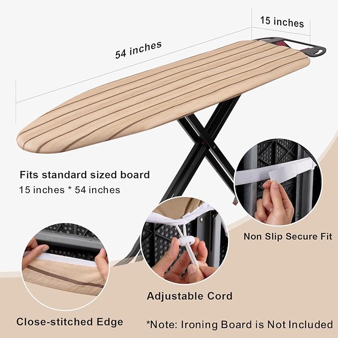 Seiritex Ironing Board Cover and Pad 15 x 54 inch, Heat Reflective with Hook and Loop Fasteners, Thick Padding with Elasticized Edges, Iron Board Replacement Cover Fit Standard Size (Woodgrain)