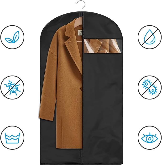 Garment Bag for Storage, Travel, and Dustproof, 40, 48, 60 inches Long, Washable Suit Cover for T-shirts, jackets, suits, and coats, non-woven (black, 24" x 60"-1pcs)