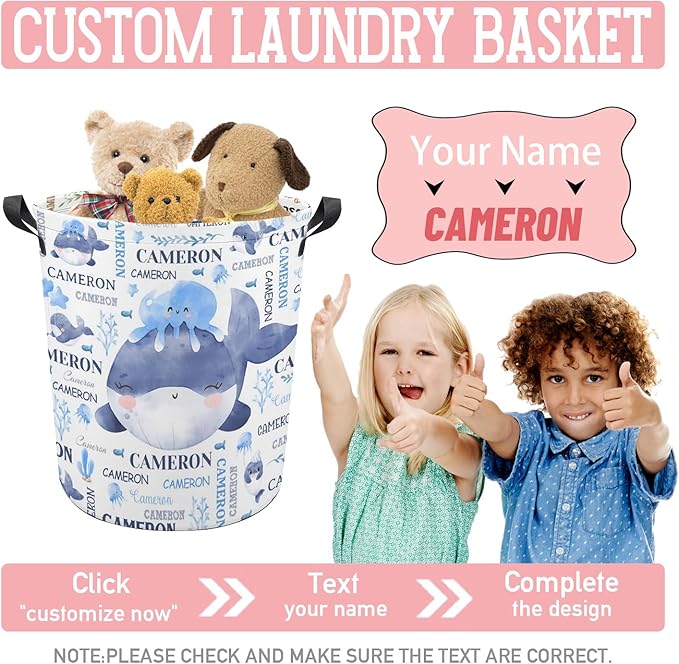 Whales Laundry Basket,Personalized Laundry Hamper for Boys Girls,Custom Laundry Basket With Name, Customized Dirty Clothes Hamper for Bathroom Bedrooms,M-19.5"X 15.7"