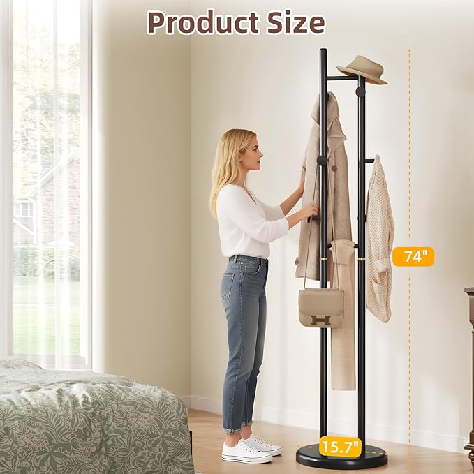 CozyDH Coat Rack Wooden Freestanding - Wood Coat Rack Freestanding Heavy Duty, Wooden Coat Stand with 6 Hooks Creative Look for Entryway, Hallway, Bedroom (Black)