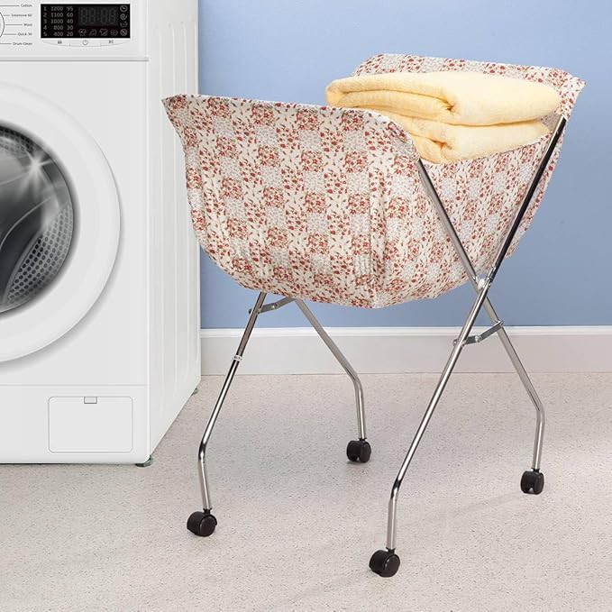 Miles Kimball Laundry Cart Liner - White Floral Pattern - Heavy Cotton - Drawstring Closure - 8" x 19" - 12" Deep - Pockets - Modern Style - Laundry Room