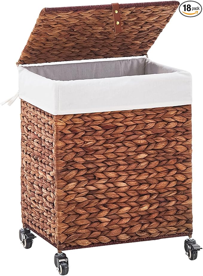 Handwoven Laundry Hamper with Wheels, Natural Water Hyacinth Rolling Laundry Basket with Lid and Removable Liner, Durable and Stylish for Bedroom, Bathroom, Laundry Room (Espresso, 65L)
