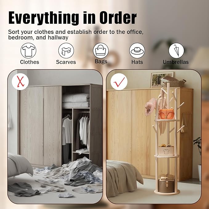Simcat Wood Coat Rack with 3 Shelves and 9 Hooks Coat Tree Hanger Freestanding Coat Rack for Bedroom, Hallway, Entrance, Office, for Hats, Coats, Scarves, Handbags (Fixed rack wood color)