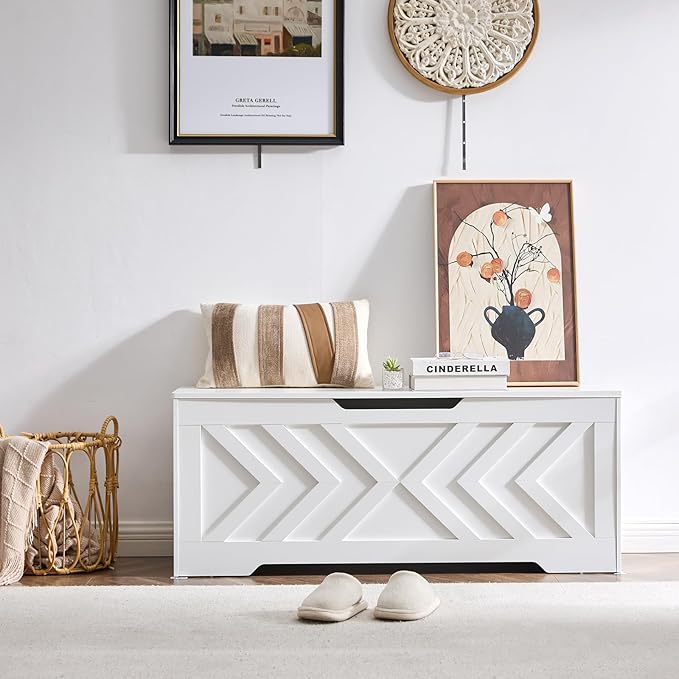 47.2” Storage Bench,Extra Large Wooden Storage Chest with 2 Safety Hinges,entryway Bench,Blanket Storage,Shoe Storage Bench for Entryway,Bedroom,Living Room,Easy Assembly. (White, 47.2x15.7x19)