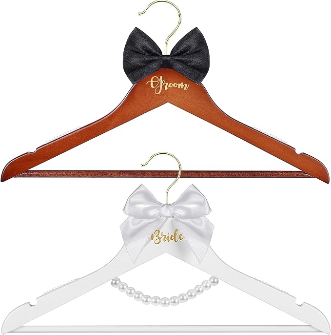 2 Pack Bride and Groom Wedding Hanger Set, Bridal Wedding Dress Hanger with Bow Tie & Pearls for Wedding Gift Bridal Party & Shower