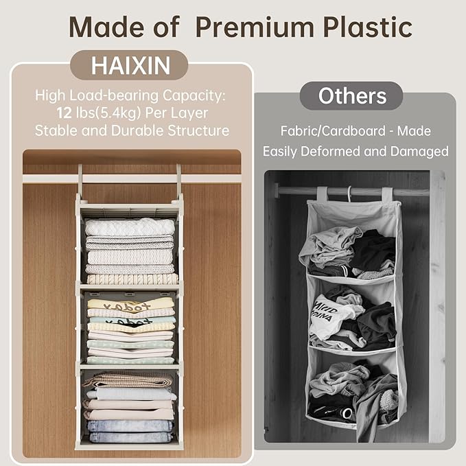 HAIXIN 3-Shelf Hanging Closet Organizer with 3 Removable Drawer & 6 Dividers, Plastic Hanging Shelves Foldable Closet Organizer and Storage Drawer for Bedroom, Wardrobe, Garment Racks, RVs