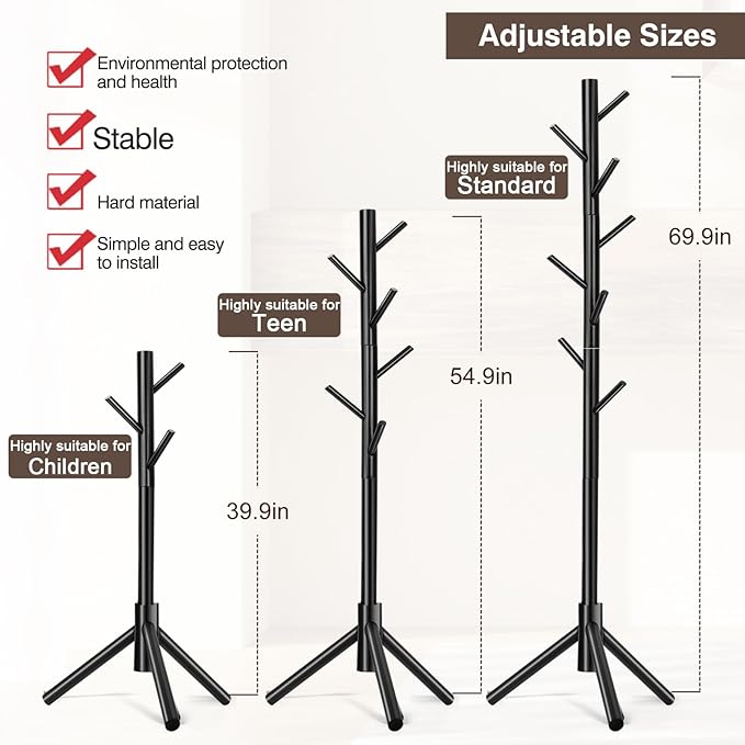 Coat Rack, Freestanding Coat Rack with 8 Hooks and 3 Adjustable Size Tree Coat Racks for Bedroom, Hallway, Entrance, Office, for Hats, Coats, Scarves, Handbags
