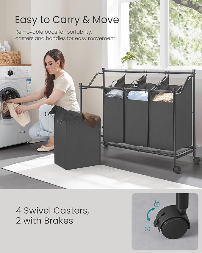 SONGMICS Rolling Laundry Sorter Basket with 4 Removable Bags, Laundry Hamper Cart, for Bedroom, Bathroom, 4 x 11.9 Gallons, Slate Gray URLS103G01