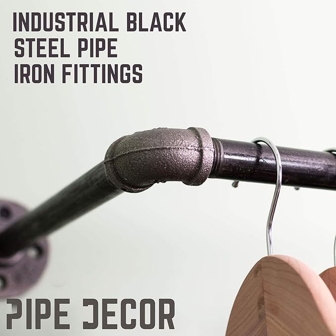 PIPE DECOR Industrial Pipe Wall Mounted Clothing Rack. Heavy Duty Rustic Vintage Steel Grey Black Metal