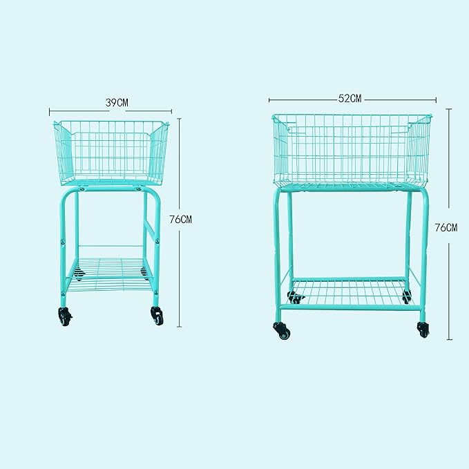31" height Rolling Laundry Basket with Wheels,2-shape "S" cloth hook in, Foldable Laundry Hamper for room organization with Industrial Wheels for Clothes storage and wash (Turquoise Blue)